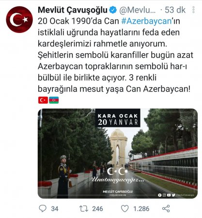 Çavuşoğlu 20 Yanvar şəhidlərini andı: “Qərənfillər Xarı bülbüllə birgə çiçəkləyir” - FOTO