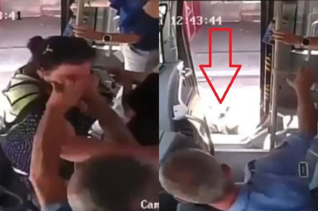 Sürücü onu vuran qadını avtobusdan təpiklə çıxardı - Video