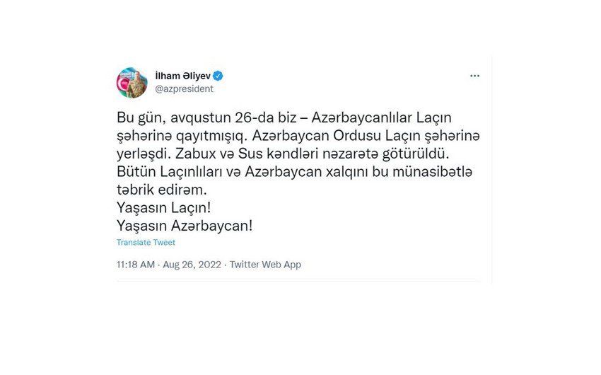 İlham Əliyev: "Azərbaycan Ordusu Laçın şəhərinə yerləşdi"