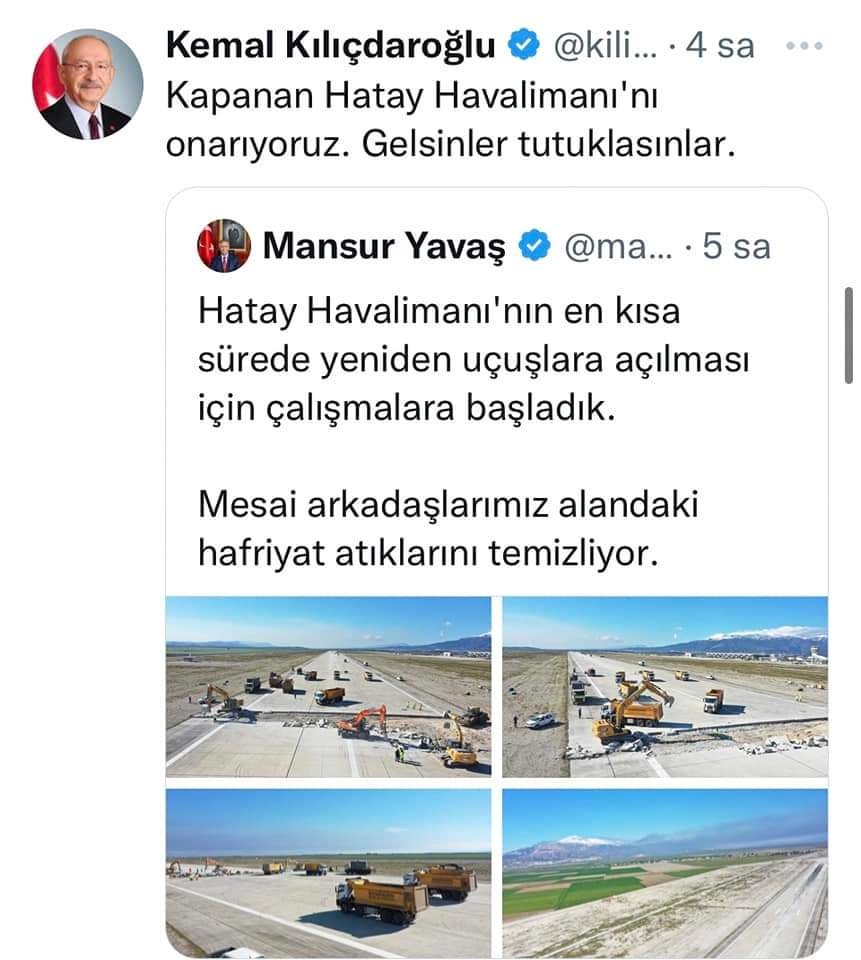 CHP başkanı Kamal Kılıçdaroğlunun göstərişi ilə AKP iqtidarı tərəfindən qapadılan Hatay Hava Limanı təmir edilərək, açılır