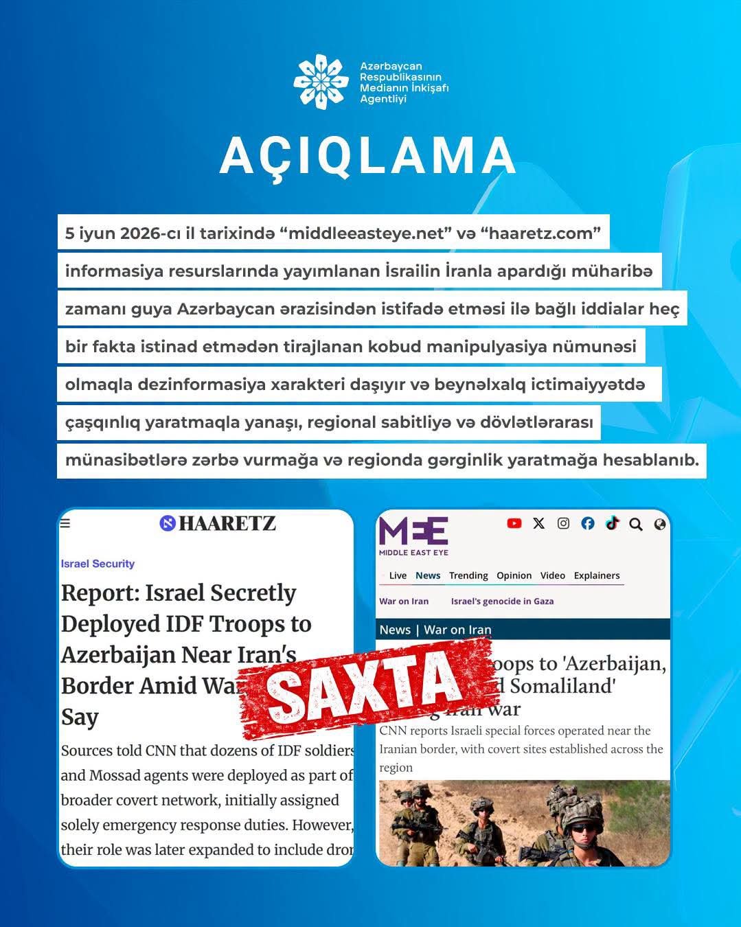 MEDİA: Azərbaycan ərazisindən istifadə ilə bağlı iddialar dezinformasiyadır