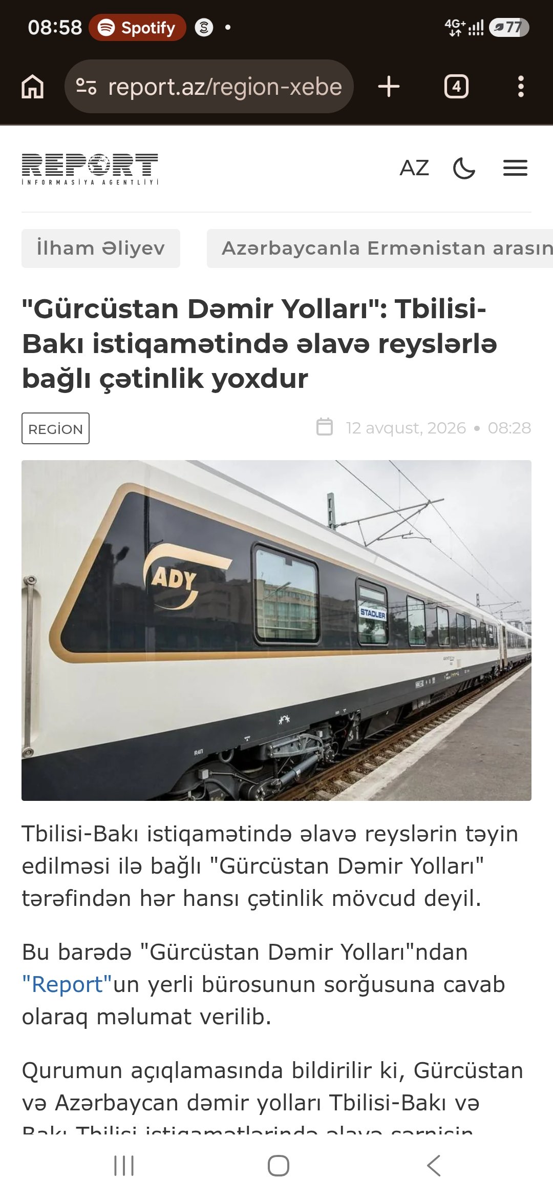 "Gürcüstan Dəmir Yolları": Tbilisi-Bakı istiqamətində əlavə reyslərlə bağlı çətinlik yoxdur