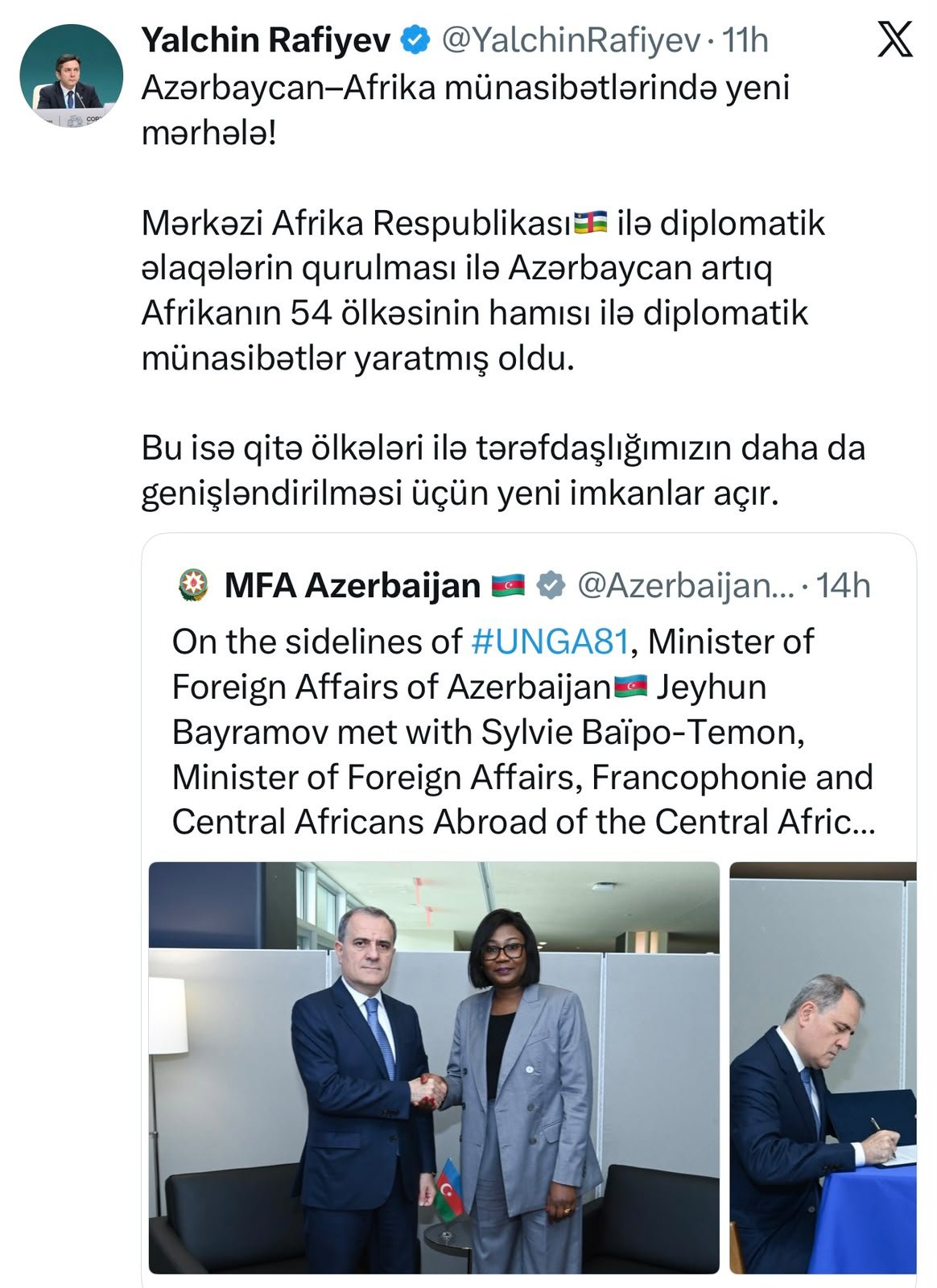 Azərbaycan artıq Afrika qitəsindəki 54 dövlətin hər biri ilə diplomatik münasibətlərə malikdir