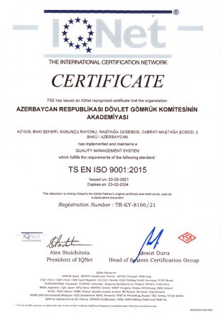 Gömrük Akademiyası "Keyfiyyəti İdarəetmə Sistemi" standartı üzrə beynəlxalq sertifikata layiq görüldü