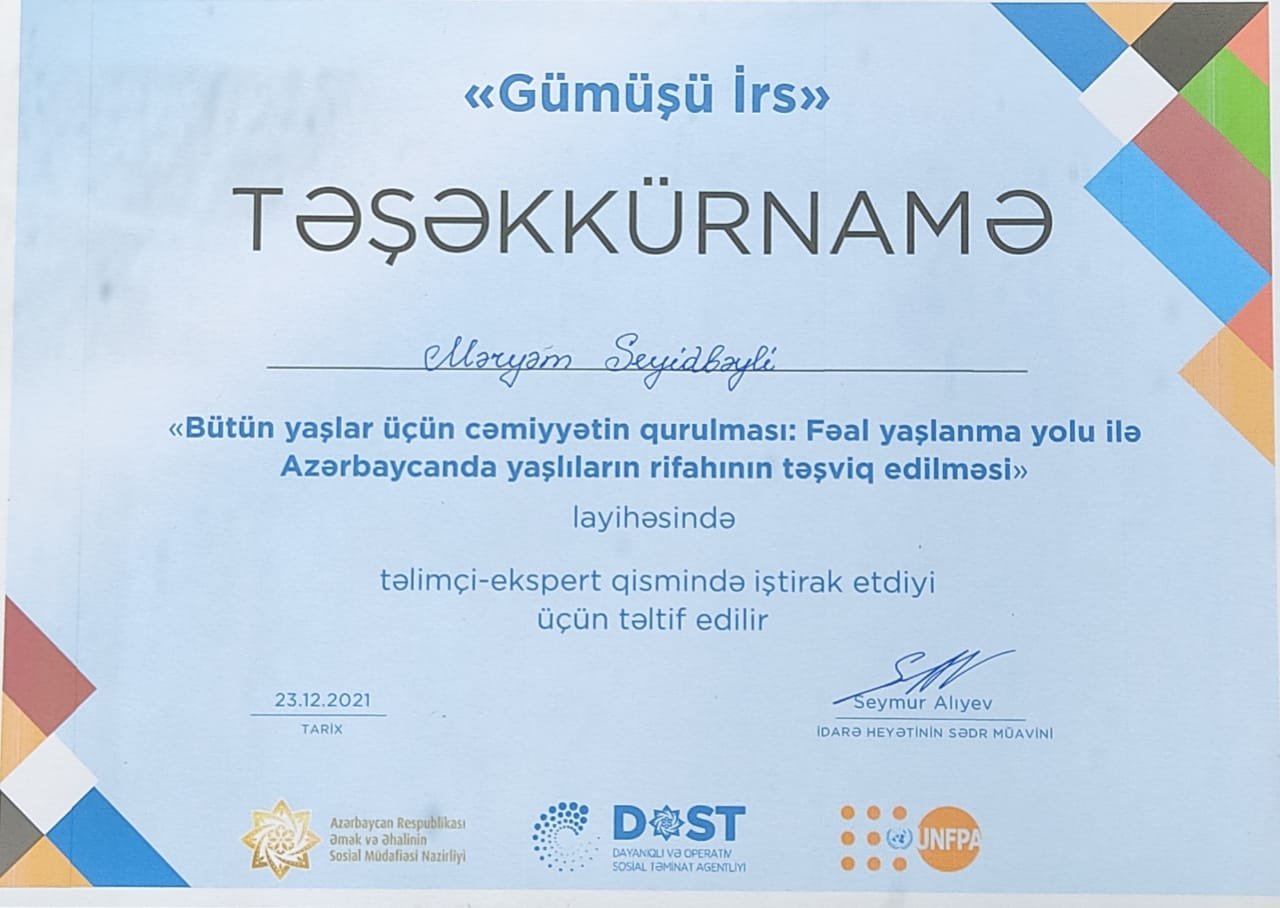 Professor Məryəm Seyidbəyli DOST Agentliyində “Gümüşü irs” təlim kursunda fəal iştirakına görə təltif edilib