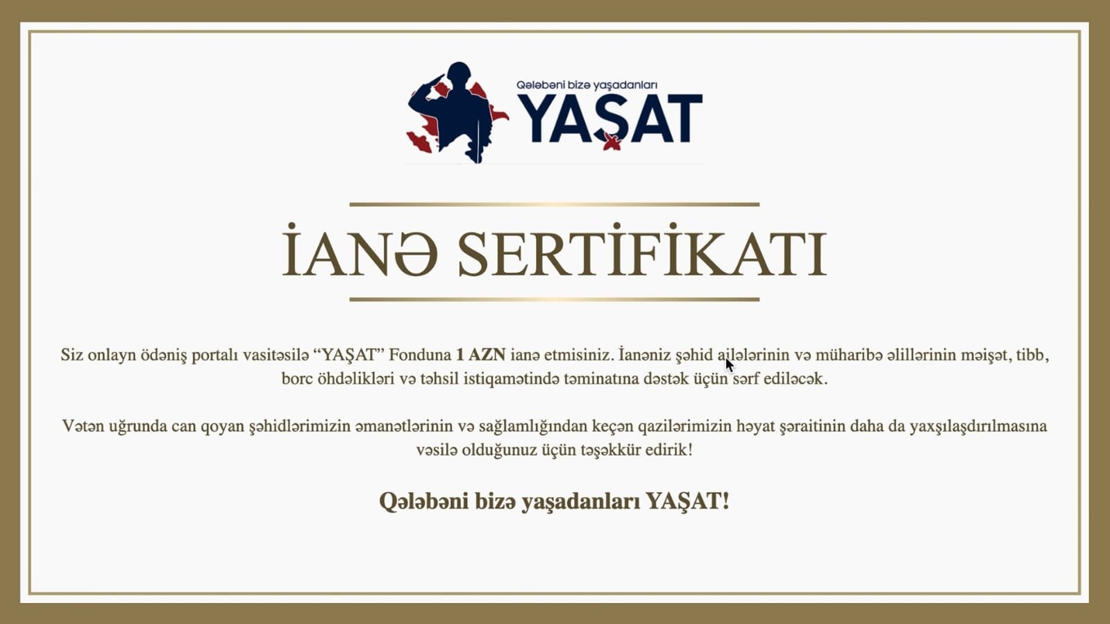 “YAŞAT” Fondu təşəkkürü simvolizə edən  sertifikat təqdim edir