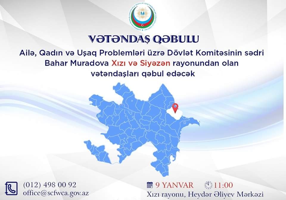 Dövlət Komitəsinin sədri Bahar Muradova Xızı rayonunda vətəndaşları qəbul edəcək