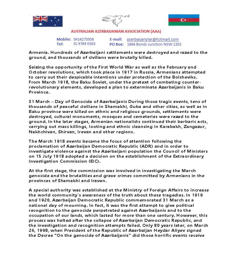 Avstraliyanın xarici işlər nazirinə 31 Mart soyqırımı barədə məlumat verilib -