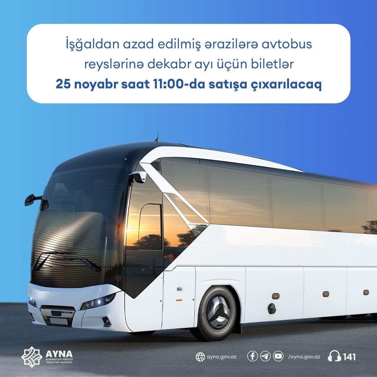 Qarabağa avtobus reyslərinə dekabr ayı üçün biletlər satışa çıxarılır