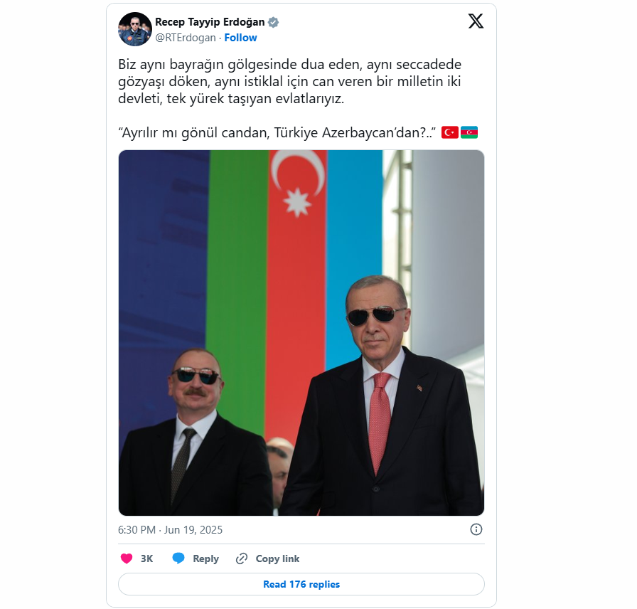 Ərdoğan Azərbaycanla bağlı paylaşım edib