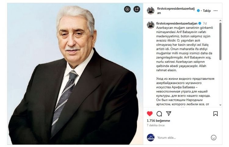 Mehriban Əliyeva Xalq artisti Arif Babayevin vəfatı ilə bağlı paylaşım edib