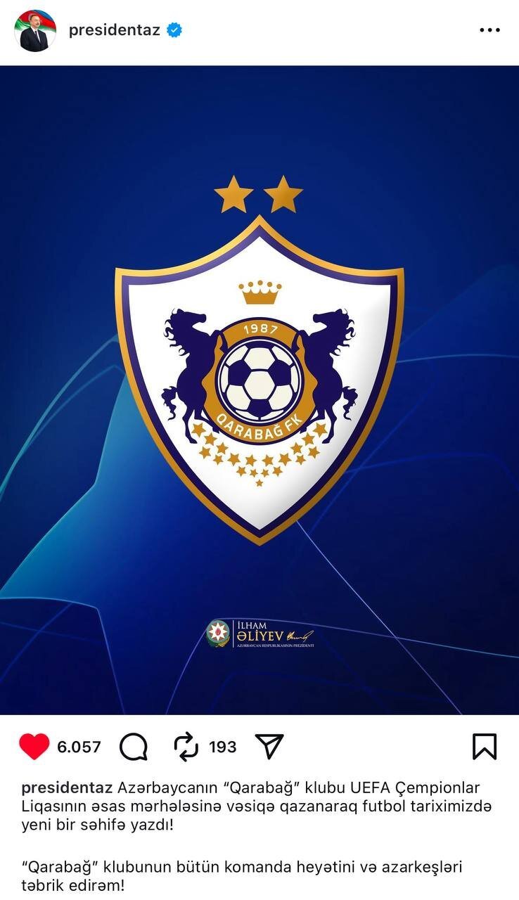 İlham Əliyev "Qarabağ"ı təbrik edib