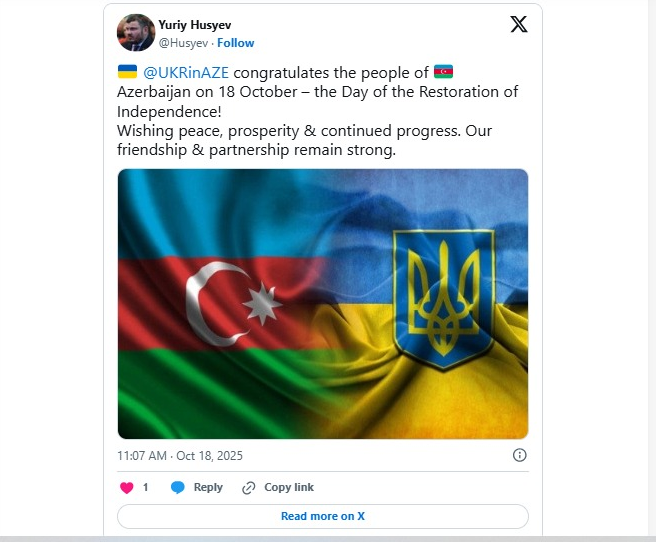 Ukraynanın Azərbaycandakı səfiri Müstəqilliyin Bərpası Günü münasibətilə paylaşım edib Ukraynanın Azərbaycandakı səfiri Müstəqilliyin Bərpası Günü münasibətilə paylaşım edib