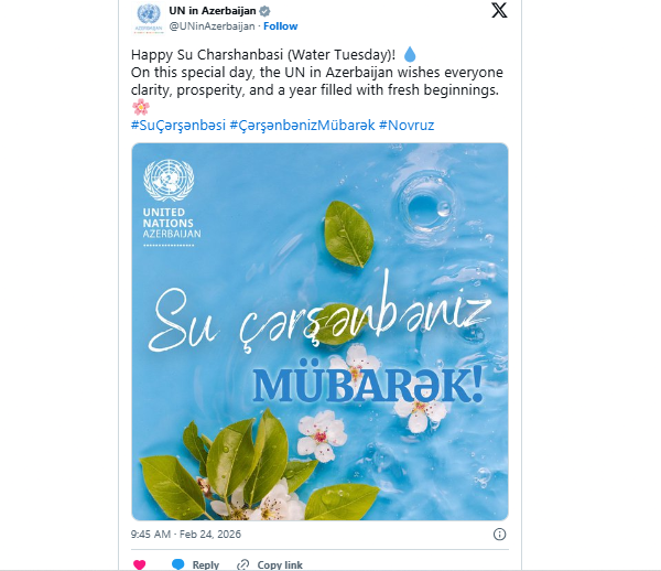 BMT nümayəndəliyi "Su çərşənbəsi" münasibətilə Azərbaycanı təbrik edib BMT nümayəndəliyi "Su çərşənbəsi" münasibətilə Azərbaycanı təbrik edib