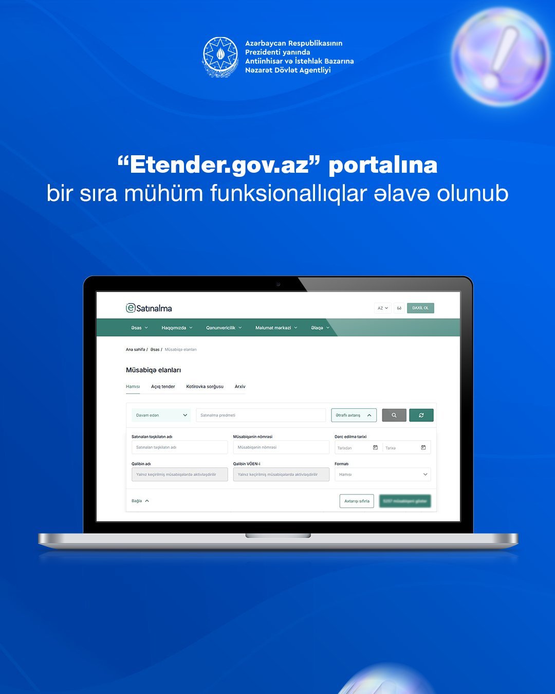 “Etender.gov.az” portalında bir sıra mühüm yeniliklər tətbiq edilib