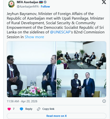 Ceyhun Bayramov şri-lankalı nazirlə ikitərəfli münasibətlərin inkişafını müzakirə edib