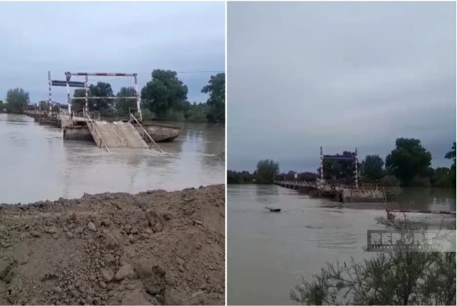 Kürün səviyyəsinin artması nəticəsində Sabirabadda iki kəndi birləşdirən ponton körpü su altında qalıb 
