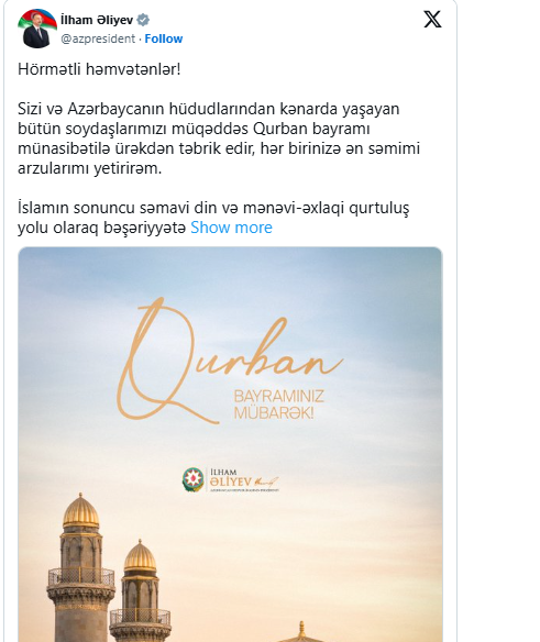 Prezidentin sosial media hesablarında Qurban bayramı ilə bağlı paylaşım edilib