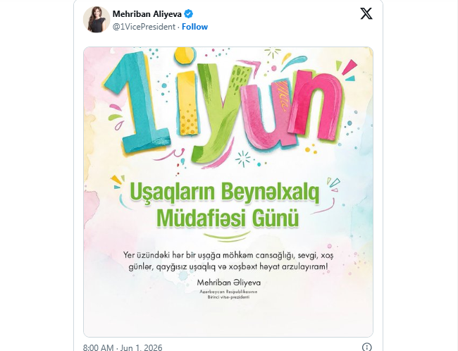 Mehriban Əliyeva Uşaqların Beynəlxalq Müdafiəsi Günü ilə bağlı paylaşım edib