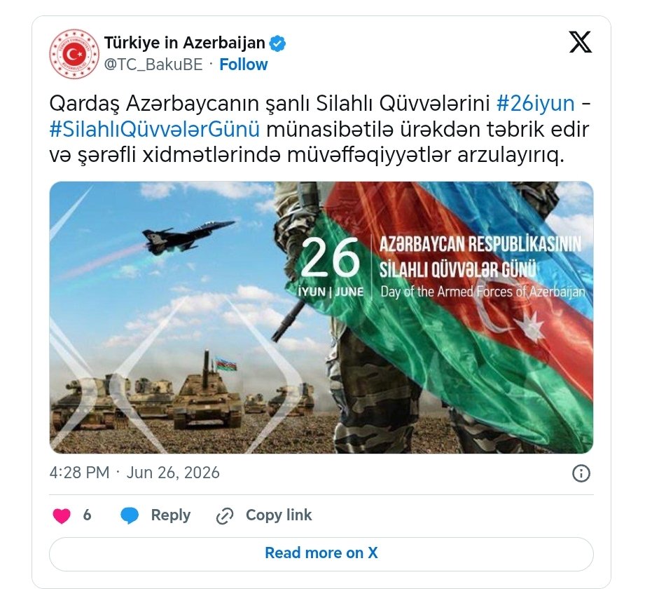 Türkiyə səfirliyi Azərbaycan Ordusunu təbrik edib