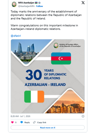 Azərbaycan - İrlandiya diplomatik münasibətlərinin qurulmasının 30-cu ildönümüdür