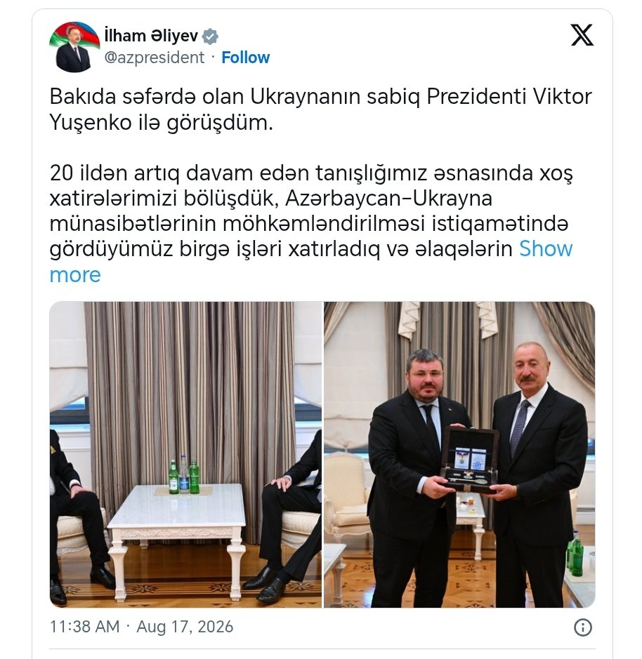İlham Əliyev Ukraynanın sabiq Prezidenti Viktor Yuşenko ilə görüşüb