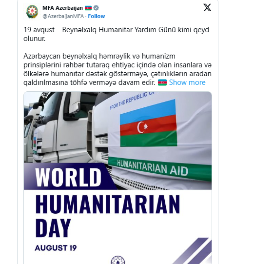 XİN: Azərbaycan ehtiyac içində olan ölkələrə humanitar dəstək göstərməyə davam edir